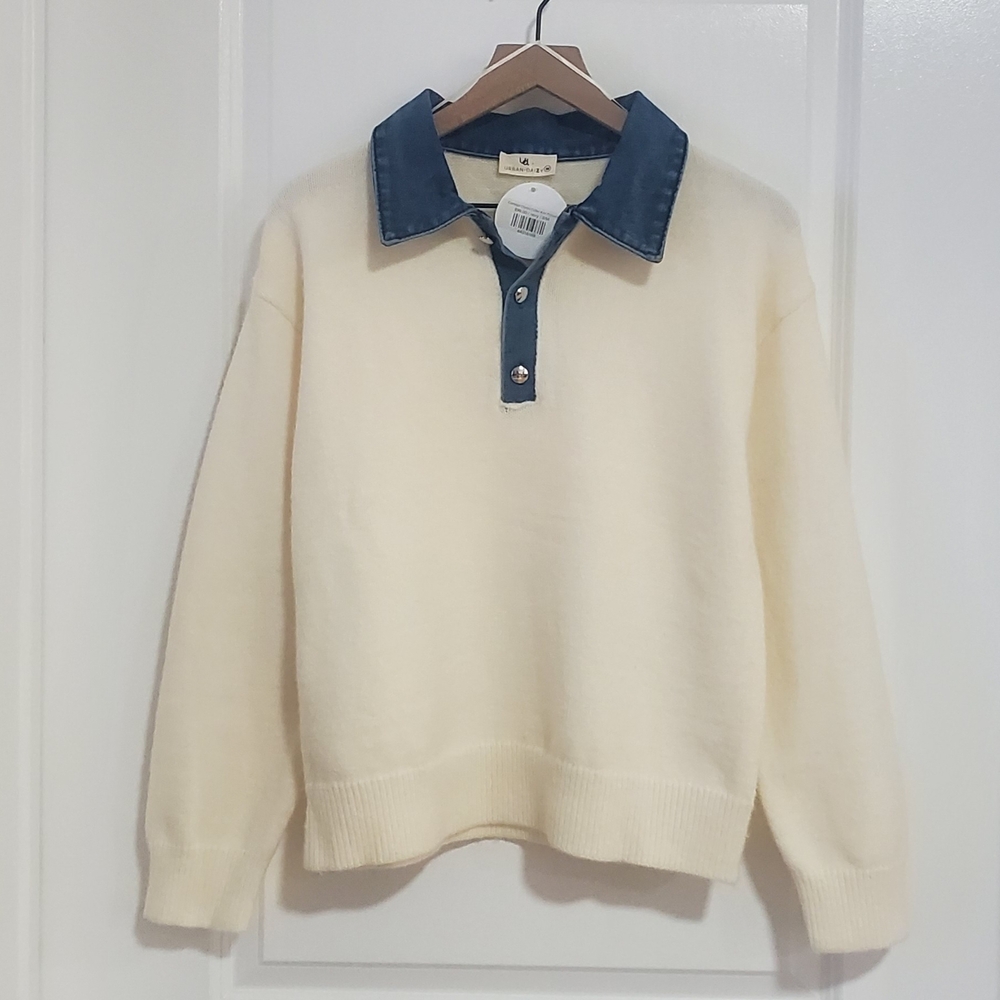 Contrast Denim Collar Knit Pullover Sweater - S/M